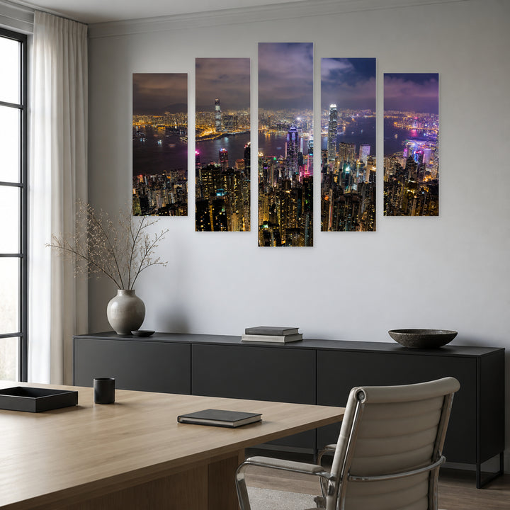 Nighttime Hong Kong Urban Panorama — five-panel wall art in frontal interior | 5wallart 55626 M3