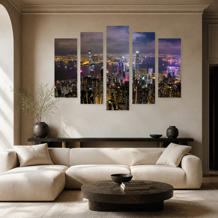 Nighttime Hong Kong Urban Panorama — five-panel wall art in alternate frontal interior | 5wallart 55626 M4