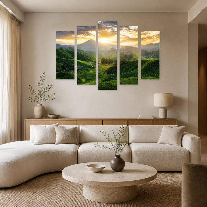 Tea Plantations with Dreamlike Atmosphere — five-panel wall art in frontal interior | 5wallart 55627 M3
