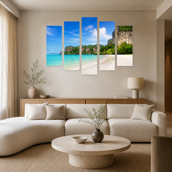 Beach in Krabi, Thailand in Serene Light — five-panel wall art in alternate frontal interior | 5wallart 55628 M4