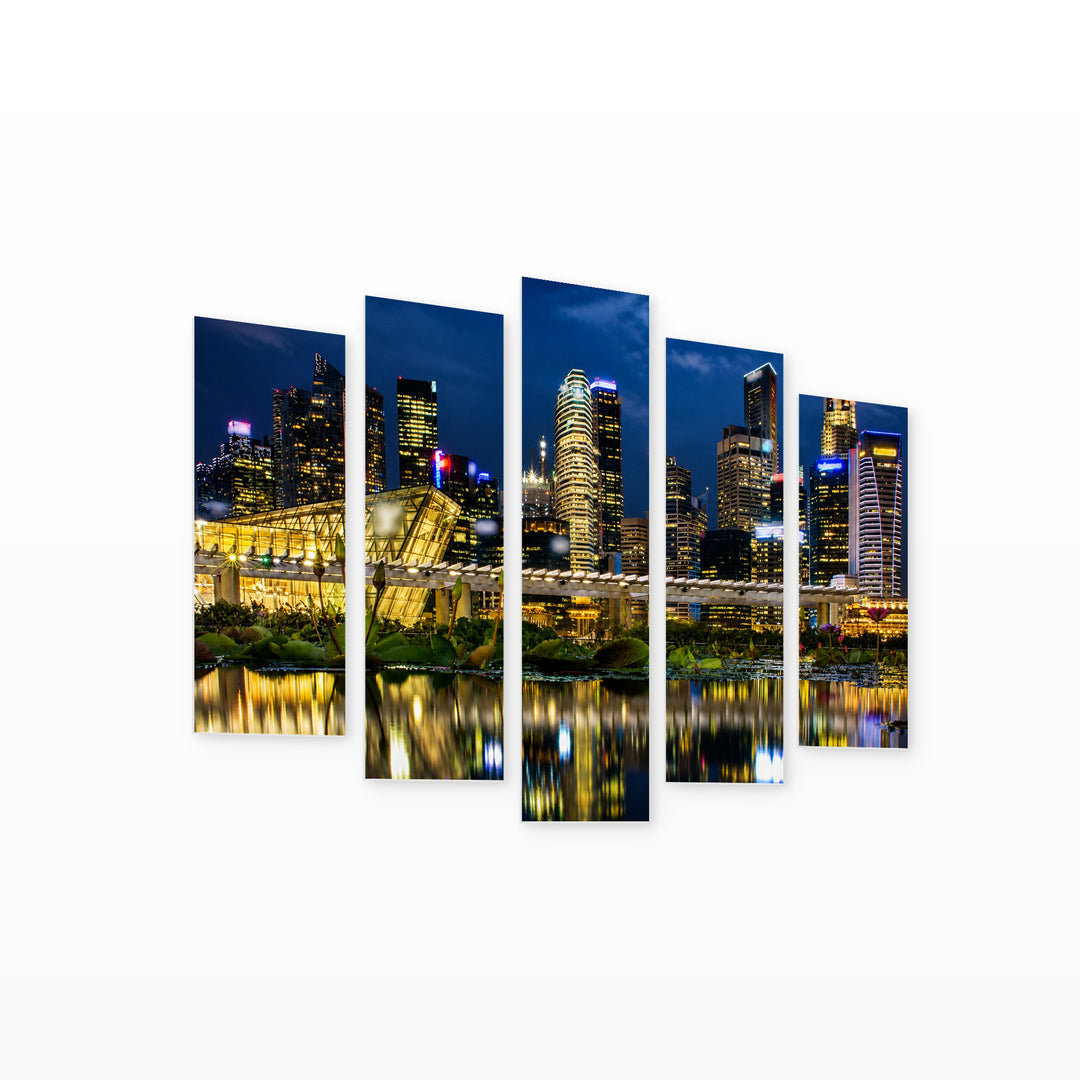 Night Landscape of Singapore in Blue and Gold — five-panel wall art on white background in perspective | 5wallart 55629 M1
