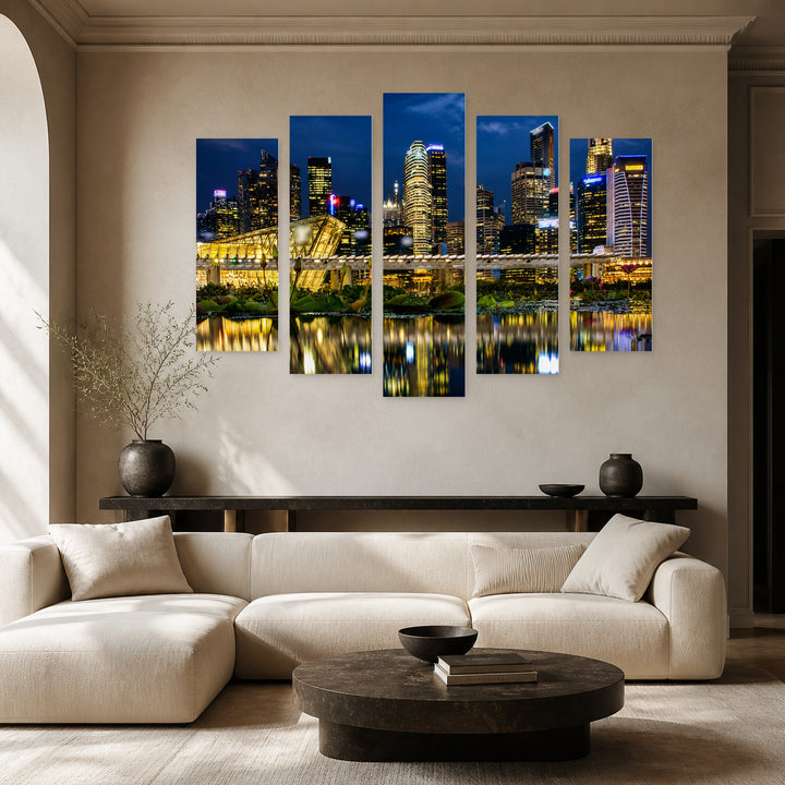 Night Landscape of Singapore in Blue and Gold — five-panel wall art in frontal interior | 5wallart 55629 M3