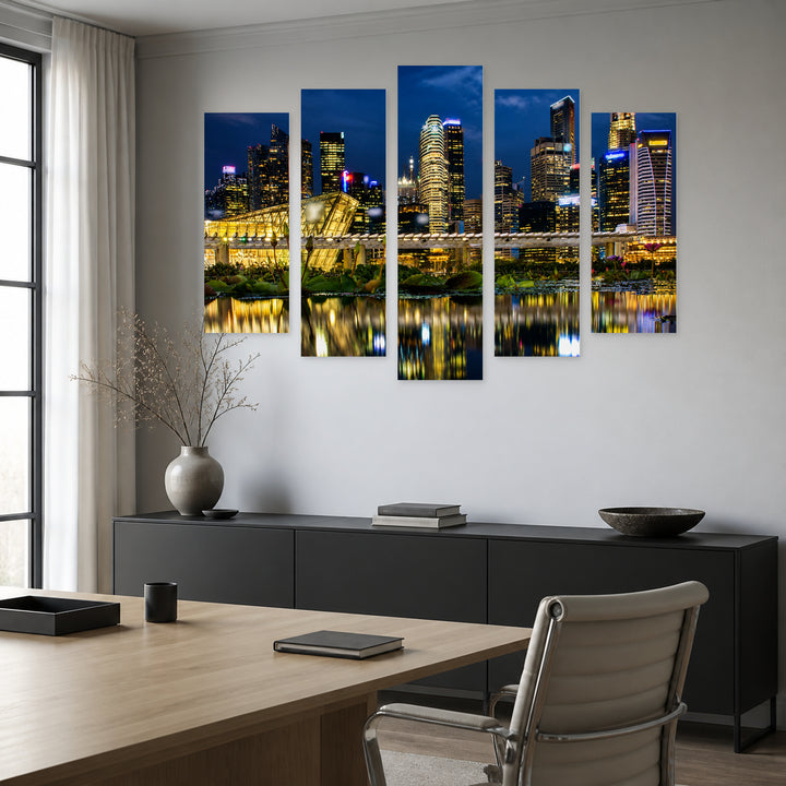 Night Landscape of Singapore in Blue and Gold — five-panel wall art in alternate frontal interior | 5wallart 55629 M4