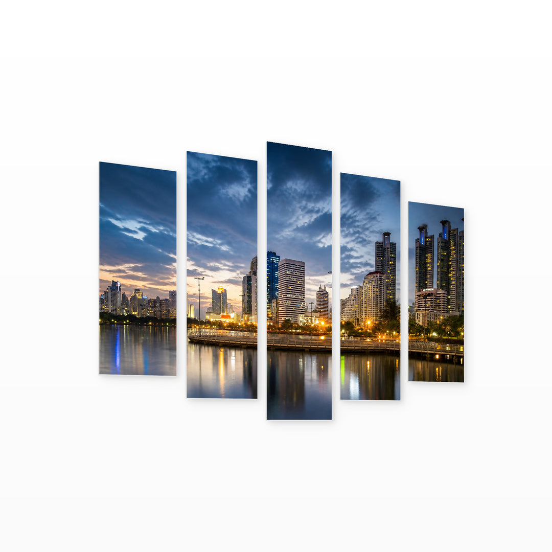Office Buildings in Bangkok at Night — five-panel wall art on white background in perspective | 5wallart 55630 M1