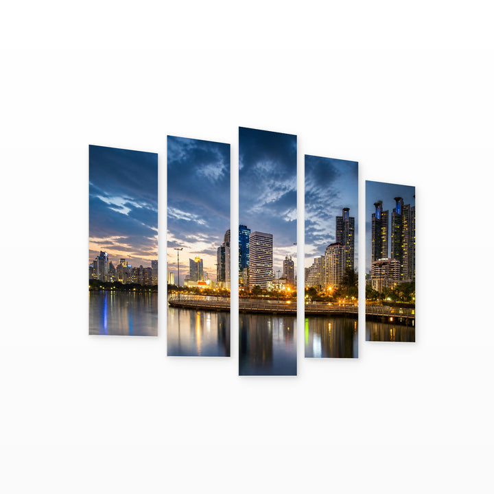 Office Buildings in Bangkok at Night — five-panel wall art on white background in perspective | 5wallart 55630 M1