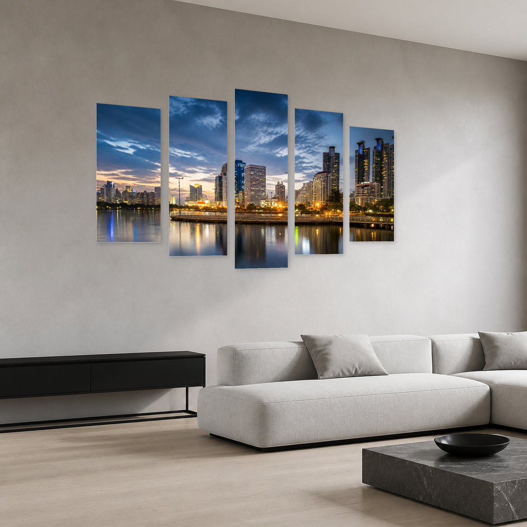 Office Buildings in Bangkok at Night — five-panel wall art in perspective interior | 5wallart 55630 M2