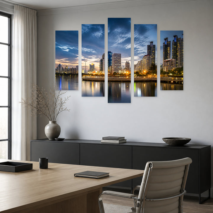 Office Buildings in Bangkok at Night — five-panel wall art in frontal interior | 5wallart 55630 M3