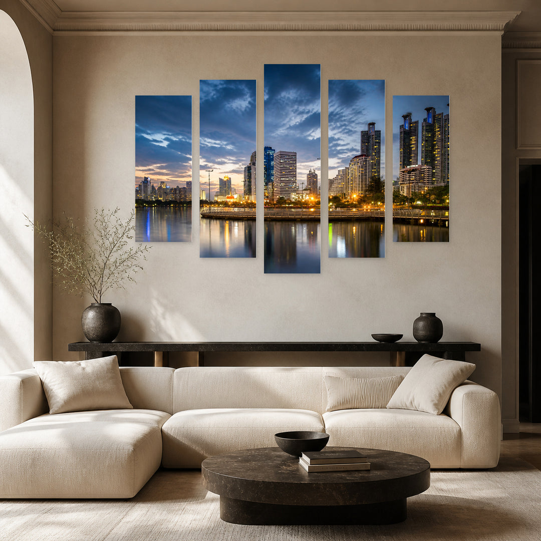 Office Buildings in Bangkok at Night — five-panel wall art in alternate frontal interior | 5wallart 55630 M4