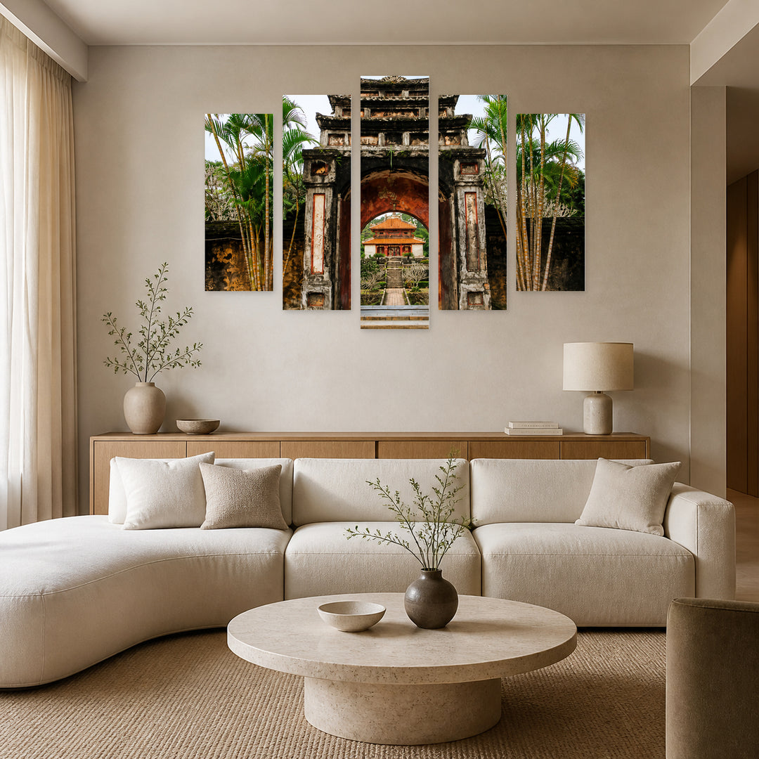 Exotic Destination in Serene Light — five-panel wall art in frontal interior | 5wallart 55631 M3