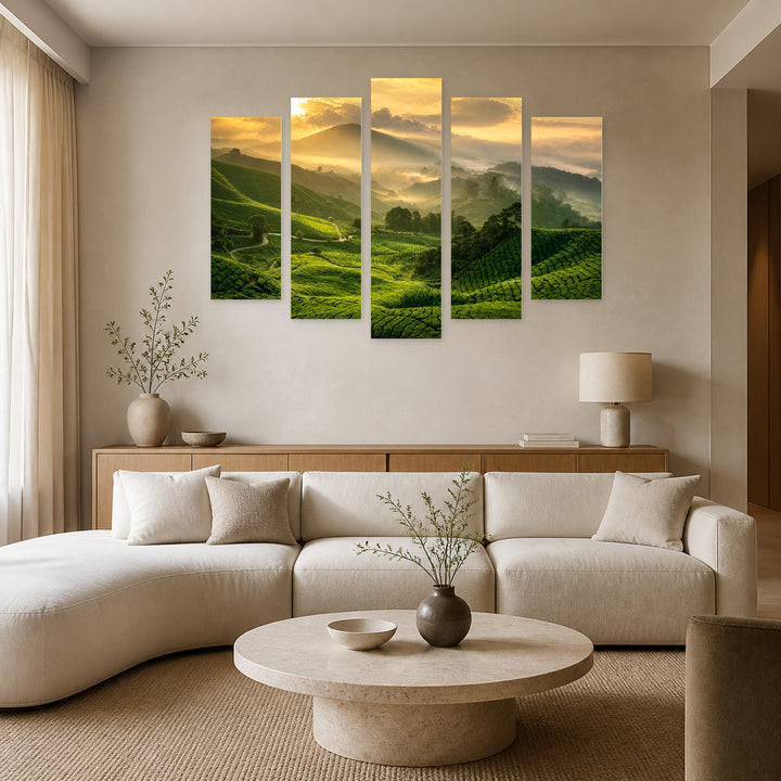 Tea Plantation in Serene Light — five-panel wall art in frontal interior | 5wallart 55633 M3