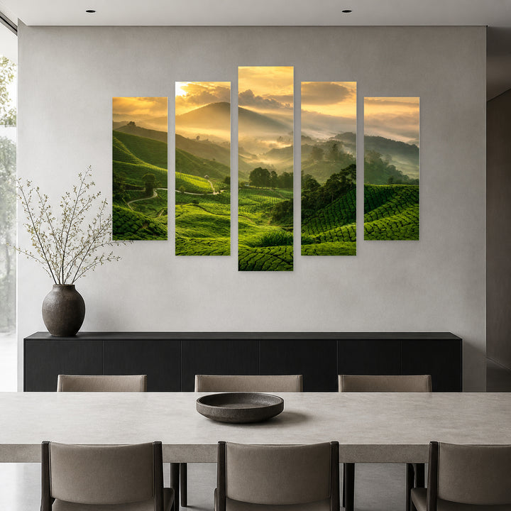 Tea Plantation in Serene Light — five-panel wall art in alternate frontal interior | 5wallart 55633 M4
