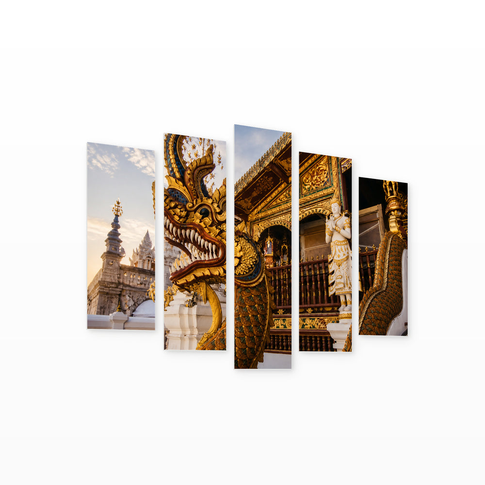 Dragon Statue with Geometric Rhythm — five-panel wall art on white background in perspective | 5wallart 55634 M1