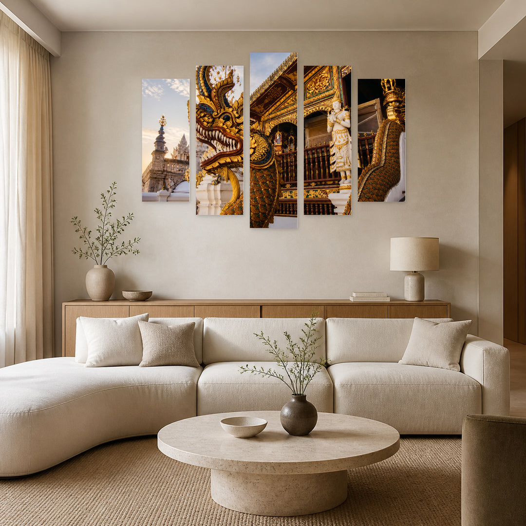 Dragon Statue with Geometric Rhythm — five-panel wall art in alternate frontal interior | 5wallart 55634 M4