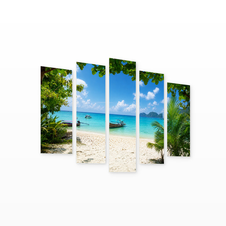 Boat on Phi Phi Island, Thailand Coastal Panorama — five-panel wall art on white background in perspective | 5wallart 55635 M1