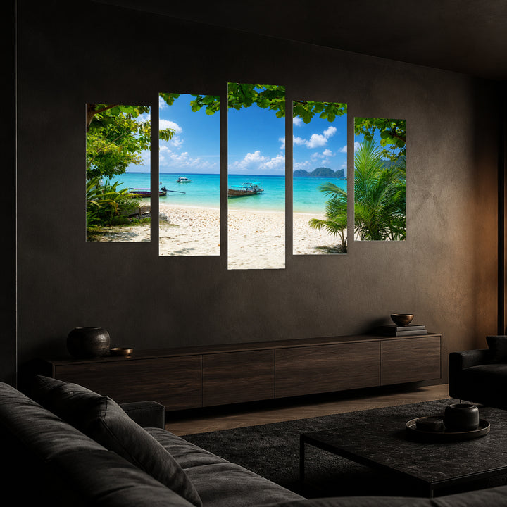 Boat on Phi Phi Island, Thailand Coastal Panorama — five-panel wall art in perspective interior | 5wallart 55635 M2