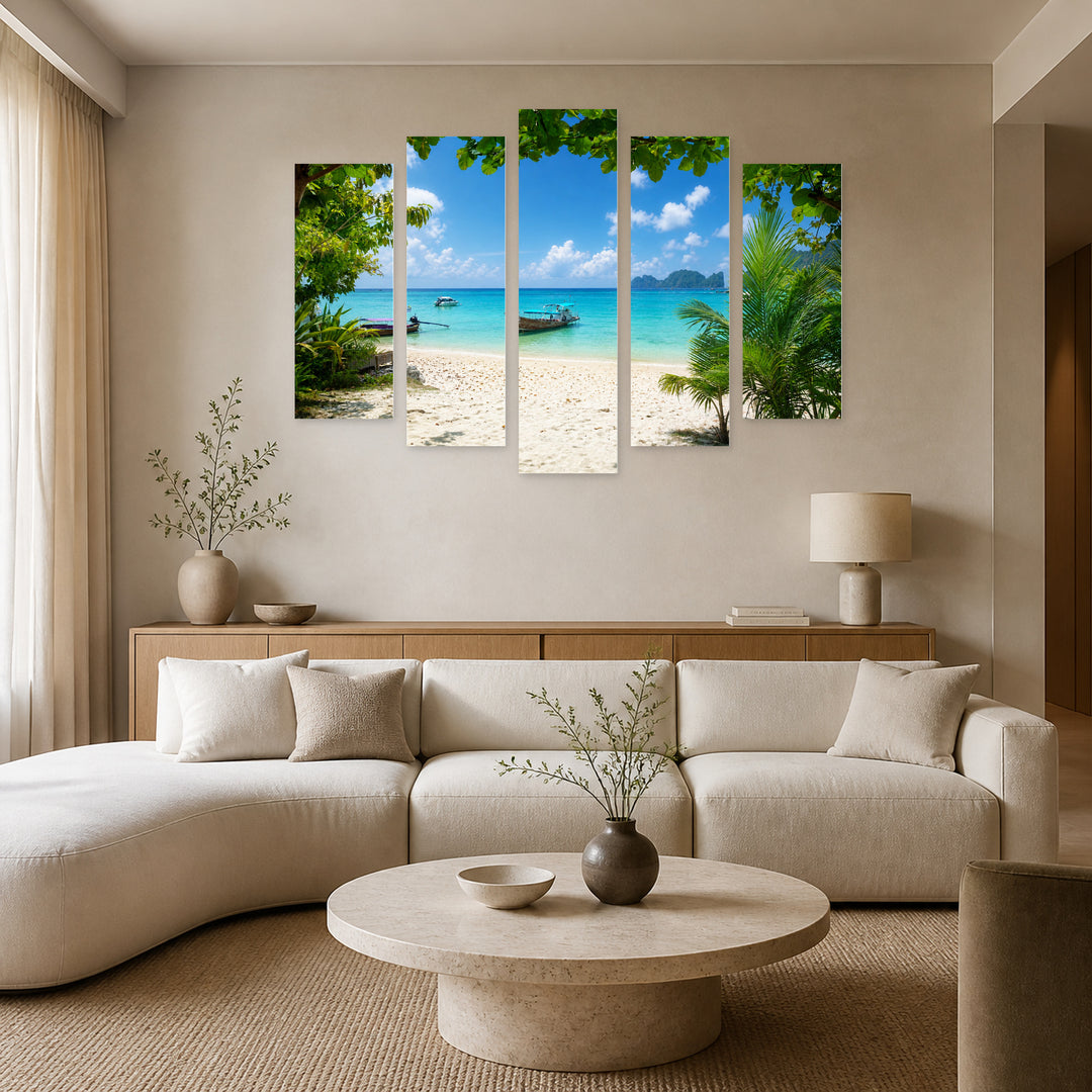 Boat on Phi Phi Island, Thailand Coastal Panorama — five-panel wall art in frontal interior | 5wallart 55635 M3