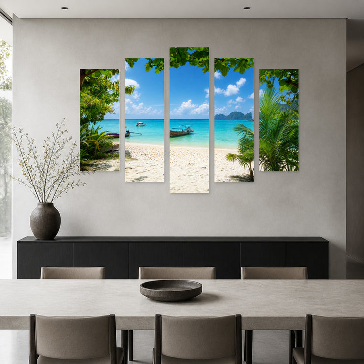 Boat on Phi Phi Island, Thailand Coastal Panorama — five-panel wall art in alternate frontal interior | 5wallart 55635 M4