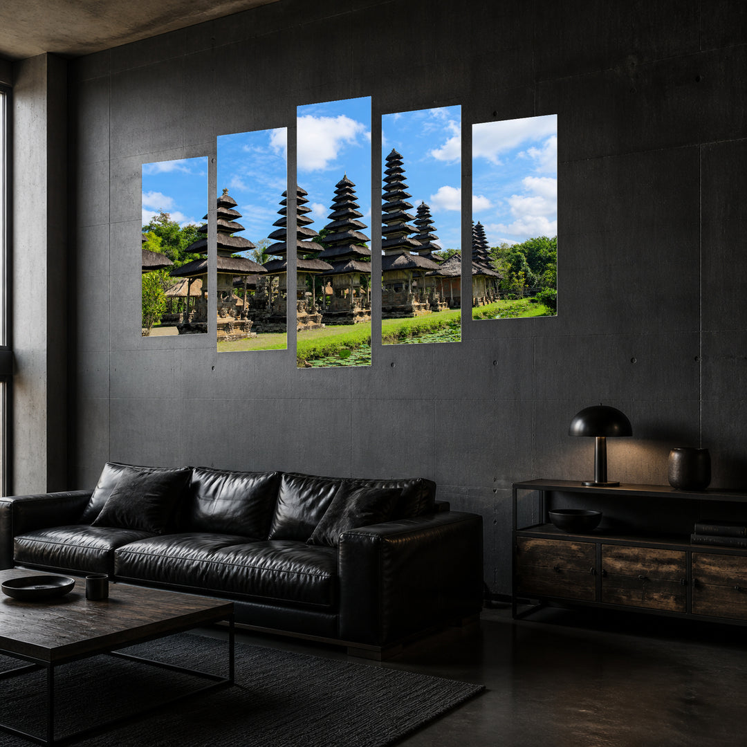 Pura Taman Ayun with Geometric Rhythm — five-panel wall art in perspective interior | 5wallart 55636 M2