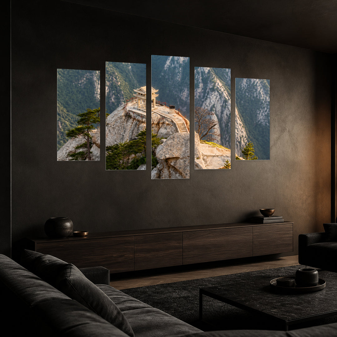 Stone Pagoda in China with Geometric Rhythm — five-panel wall art in perspective interior | 5wallart 55637 M2