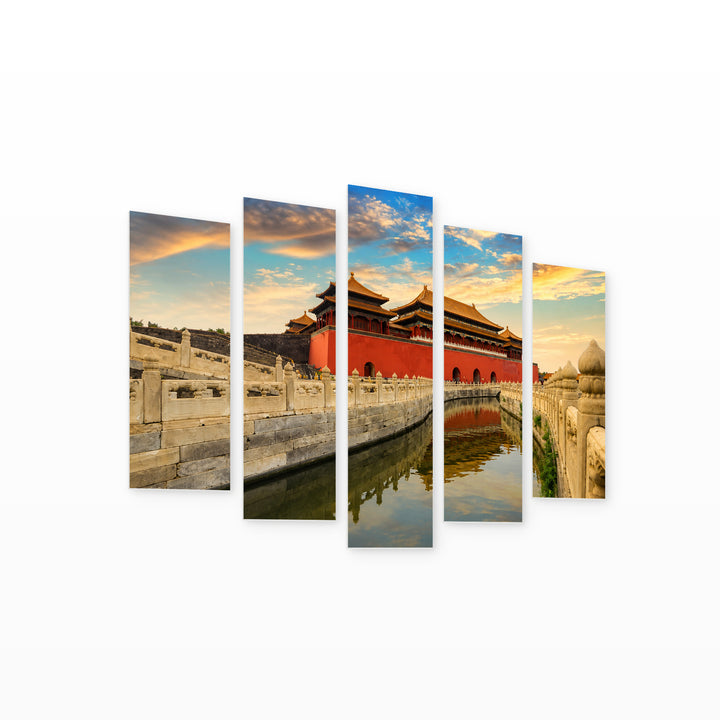 Forbidden City in Blue and Gold — five-panel wall art on white background in perspective | 5wallart 55638 M1