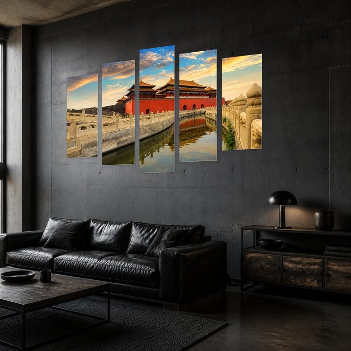 Forbidden City in Blue and Gold — five-panel wall art in perspective interior | 5wallart 55638 M2