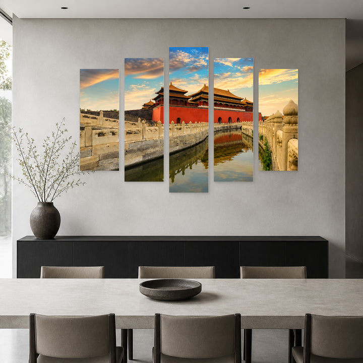 Forbidden City in Blue and Gold — five-panel wall art in frontal interior | 5wallart 55638 M3