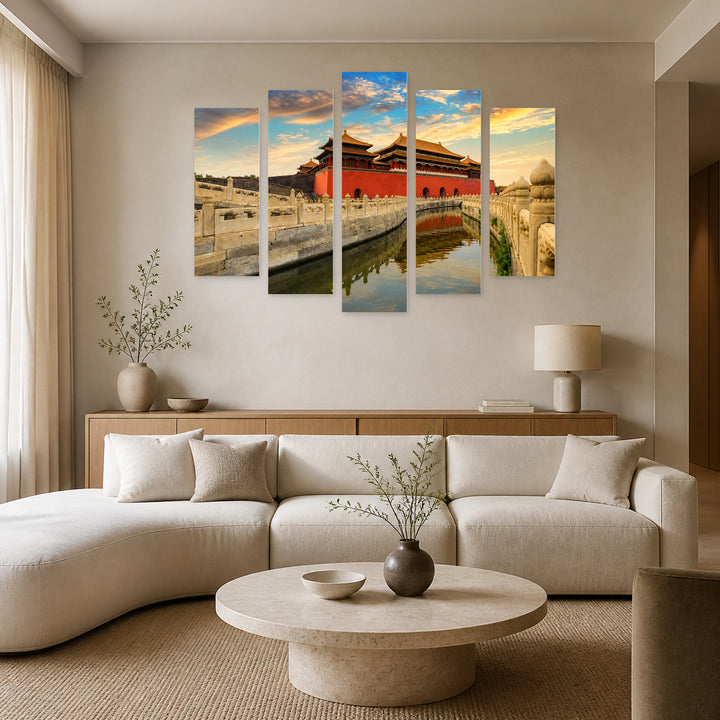 Forbidden City in Blue and Gold — five-panel wall art in alternate frontal interior | 5wallart 55638 M4