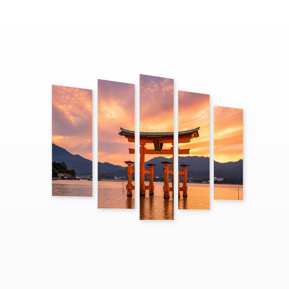 Miyajima Gate in Japan at Golden Sunset — five-panel wall art on white background in perspective | 5wallart 55639 M1