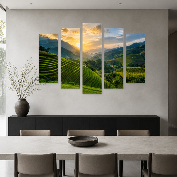 Rice Fields in Vietnam with Dreamlike Atmosphere — five-panel wall art in frontal interior | 5wallart 55640 M3