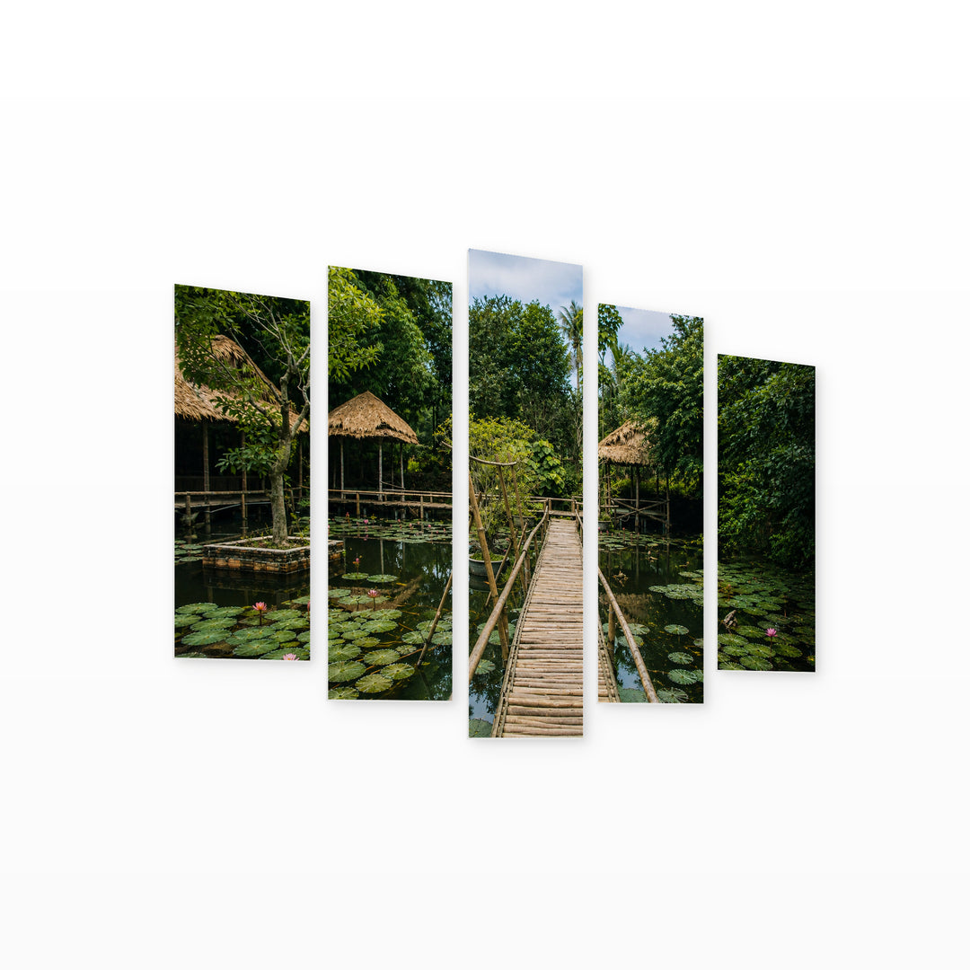 Wooden Bridge with Water Lilies in Serene Light — five-panel wall art on white background in perspective | 5wallart 55641 M1