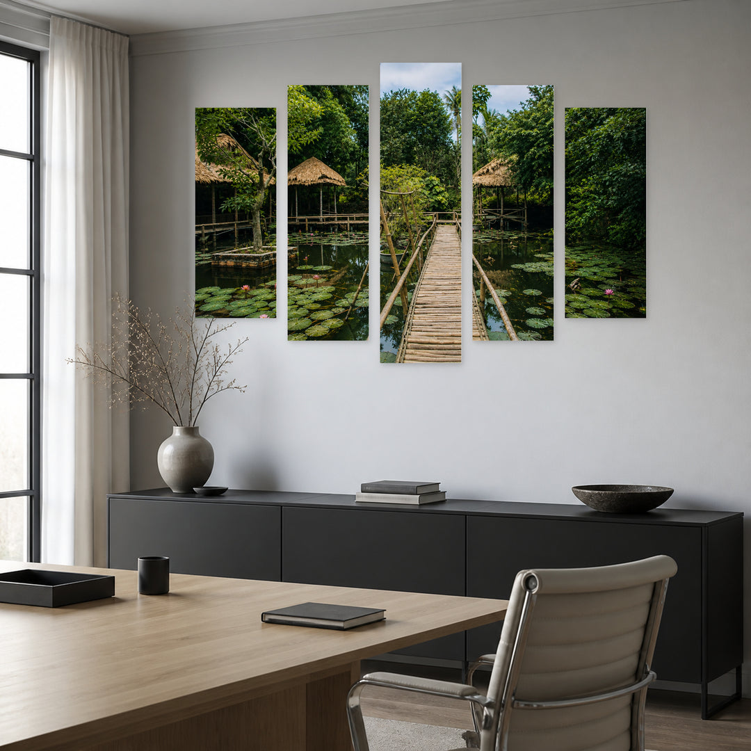 Wooden Bridge with Water Lilies in Serene Light — five-panel wall art in alternate frontal interior | 5wallart 55641 M4