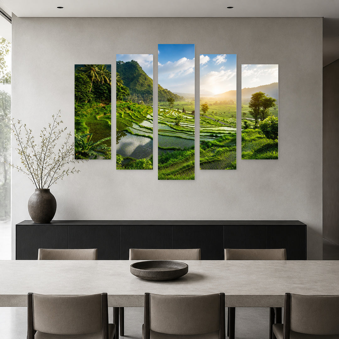 Rice Fields in Bali in Vivid Color — five-panel wall art in frontal interior | 5wallart 55642 M3