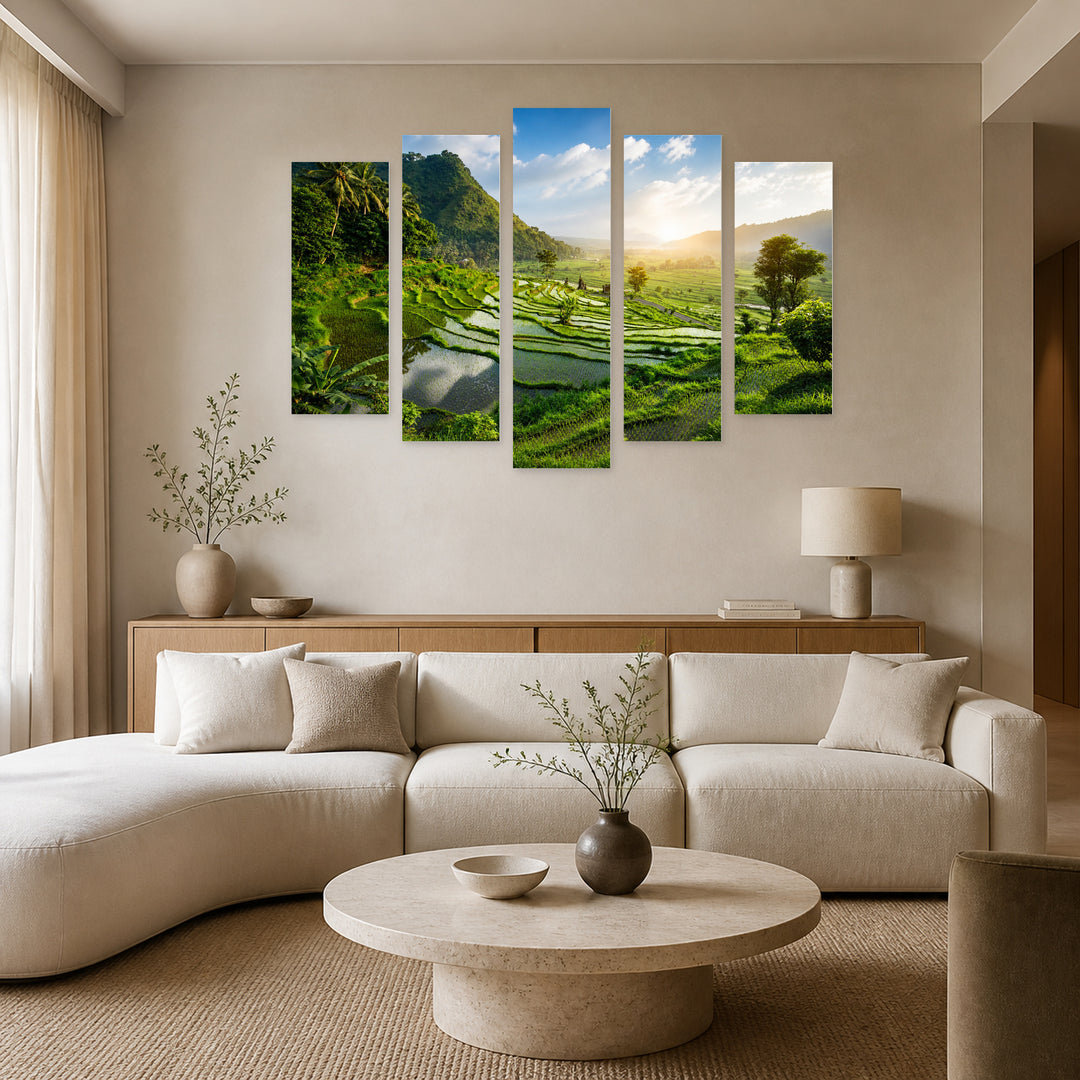 Rice Fields in Bali in Vivid Color — five-panel wall art in alternate frontal interior | 5wallart 55642 M4