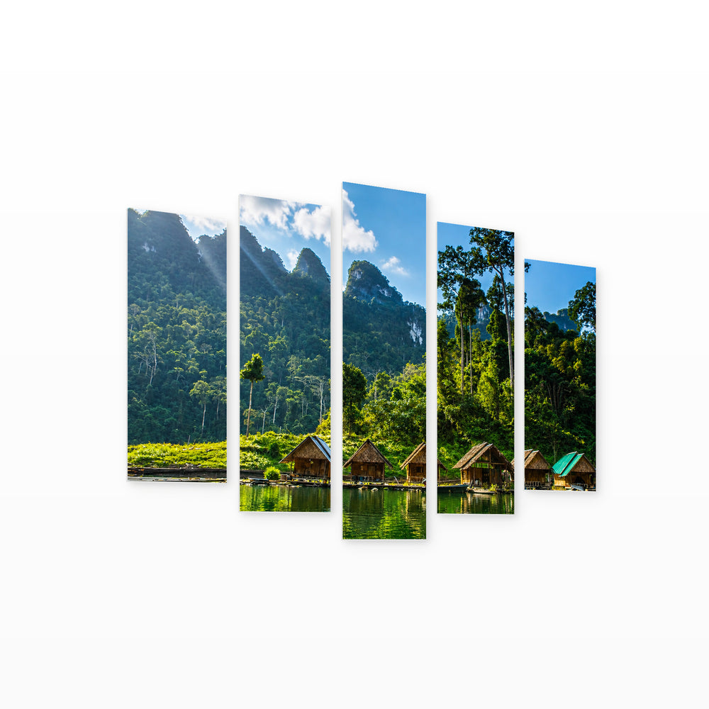 Houses in Southeast Asia in Vivid Color — five-panel wall art on white background in perspective | 5wallart 55643 M1