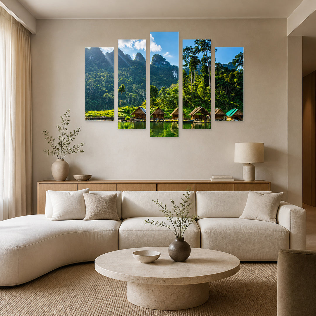 Houses in Southeast Asia in Vivid Color — five-panel wall art in frontal interior | 5wallart 55643 M3