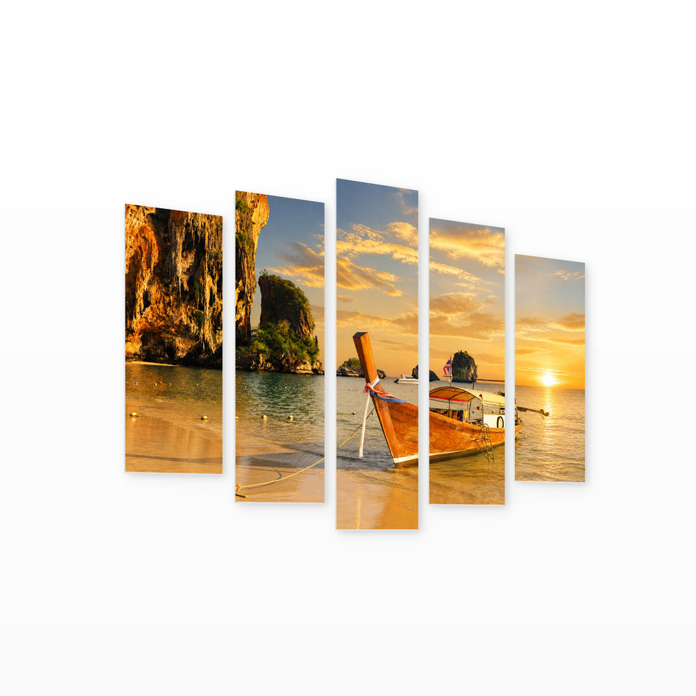 Boat Ride in Thailand at Golden Sunset — five-panel wall art on white background in perspective | 5wallart 55644 M1