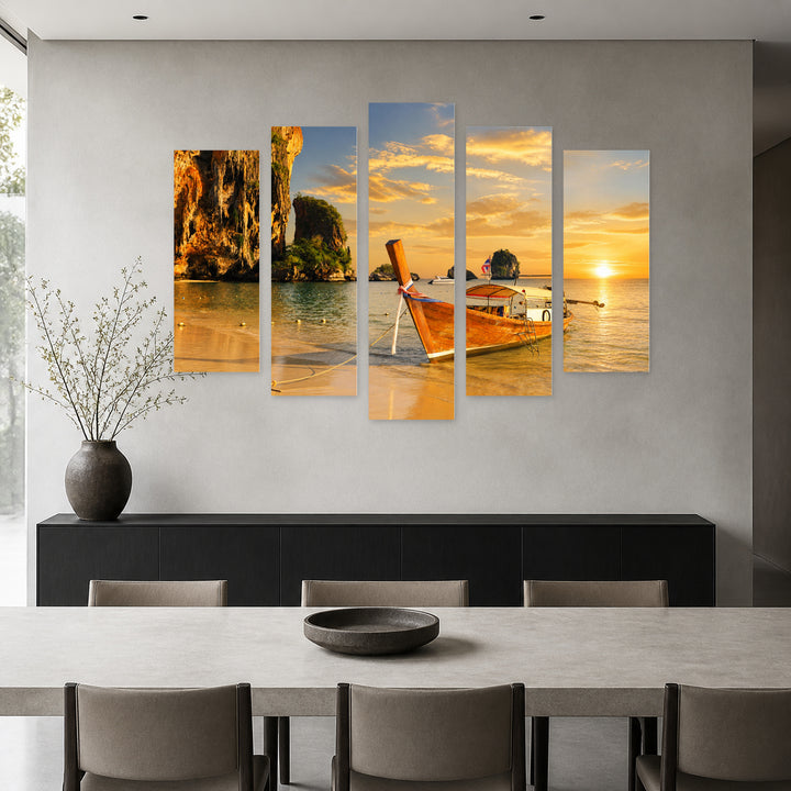Boat Ride in Thailand at Golden Sunset — five-panel wall art in frontal interior | 5wallart 55644 M3