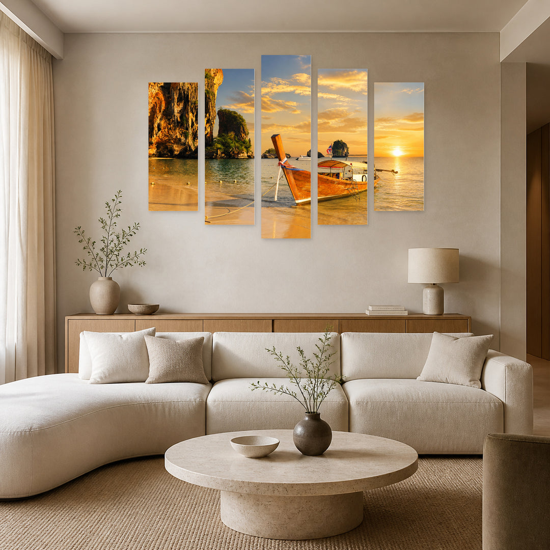 Boat Ride in Thailand at Golden Sunset — five-panel wall art in alternate frontal interior | 5wallart 55644 M4