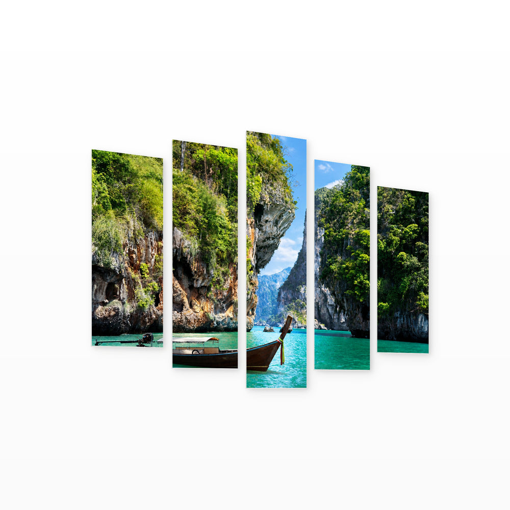 Boat on Railay Beach in Krabi Coastal Panorama — five-panel wall art on white background in perspective | 5wallart 55645 M1
