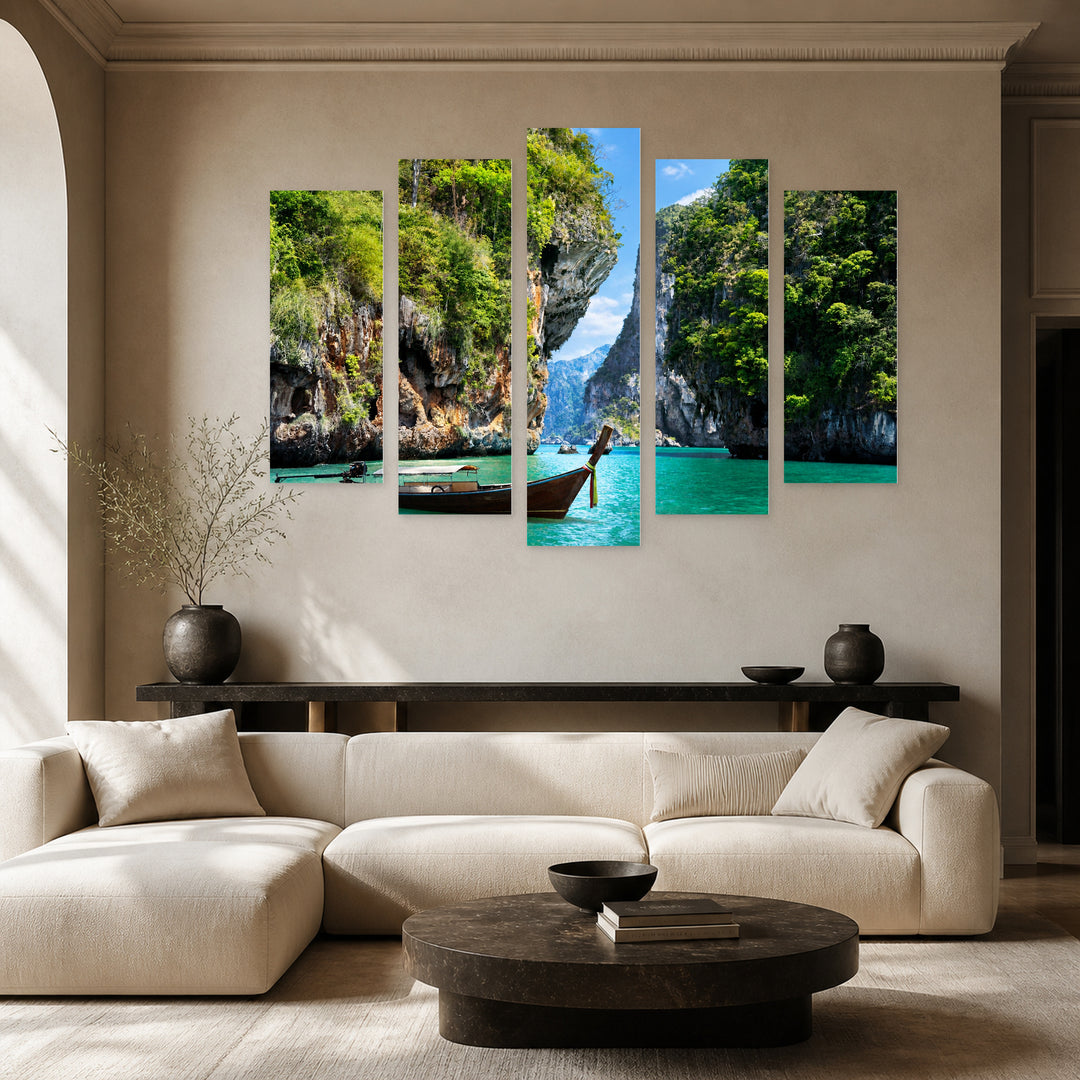 Boat on Railay Beach in Krabi Coastal Panorama — five-panel wall art in frontal interior | 5wallart 55645 M3