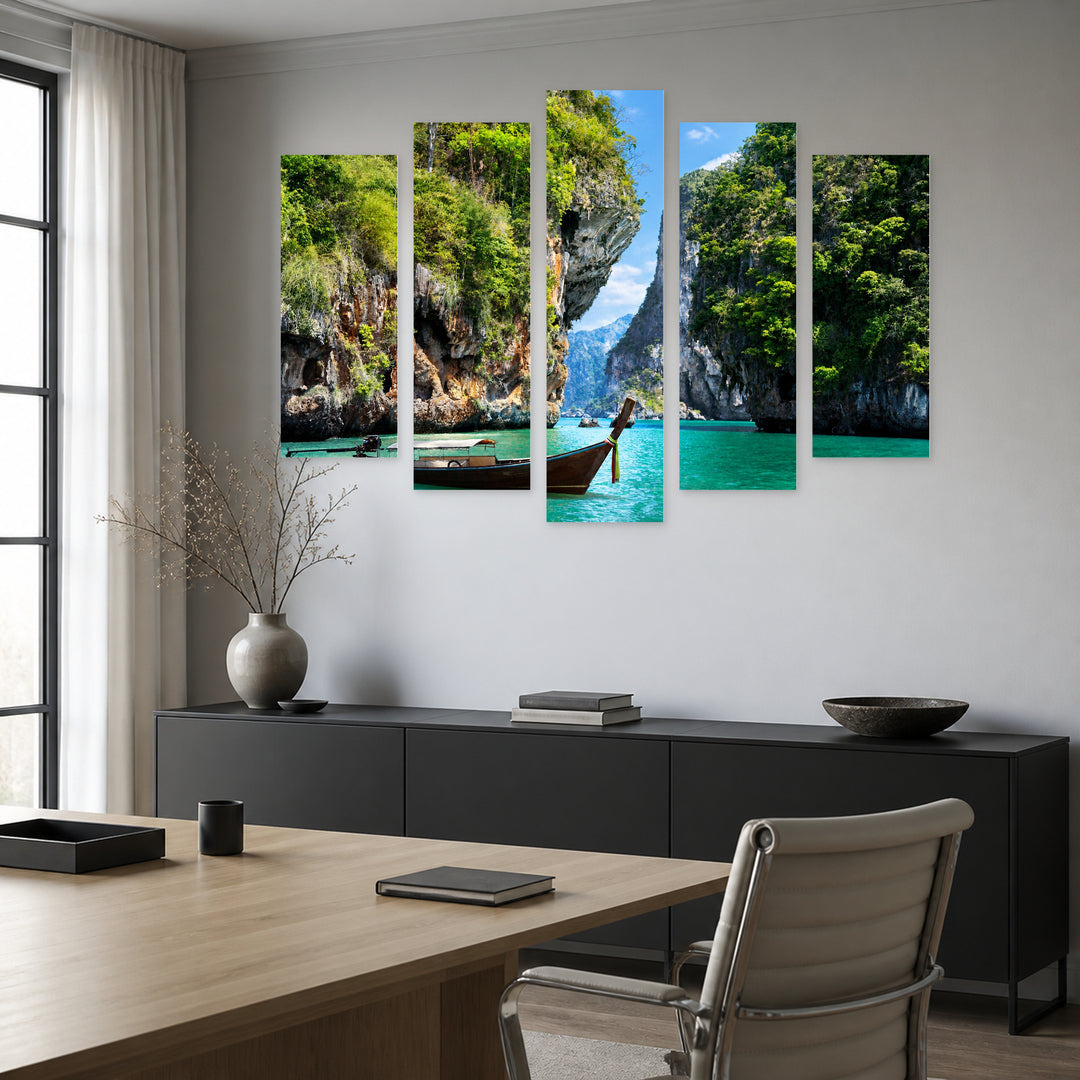 Boat on Railay Beach in Krabi Coastal Panorama — five-panel wall art in alternate frontal interior | 5wallart 55645 M4