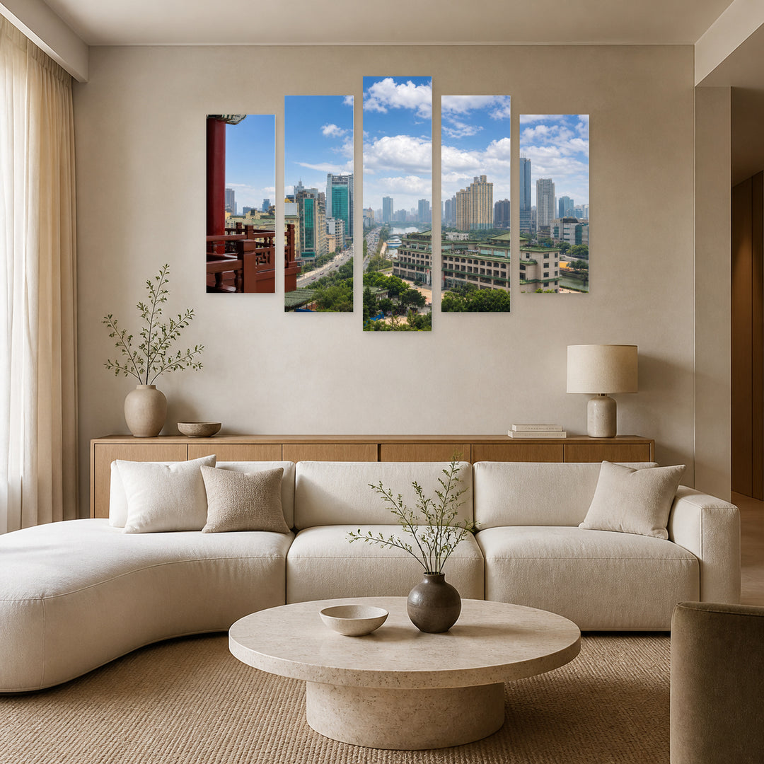 Landscape from Nanchang in Serene Light — five-panel wall art in alternate frontal interior | 5wallart 55648 M4