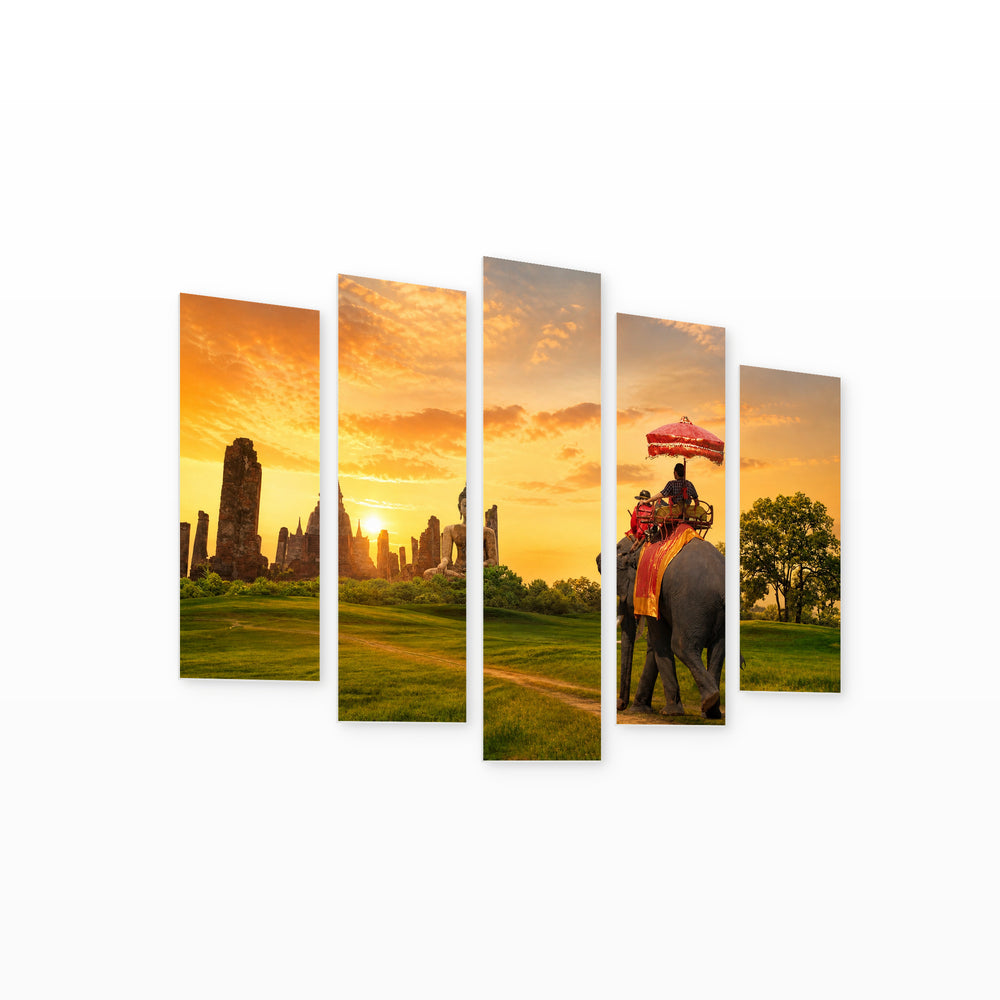 Travel Concept in Thailand at Golden Sunset — five-panel wall art on white background in perspective | 5wallart 55649 M1