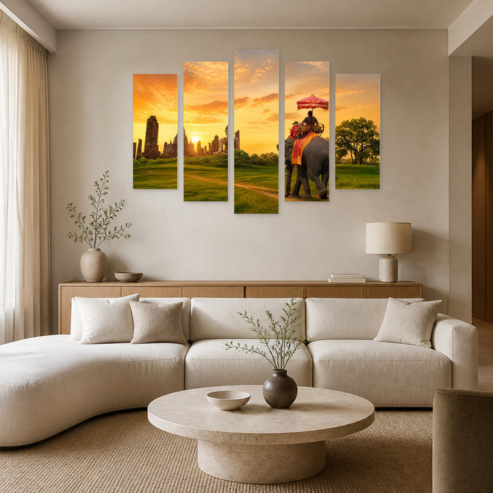 Travel Concept in Thailand at Golden Sunset — five-panel wall art in frontal interior | 5wallart 55649 M3