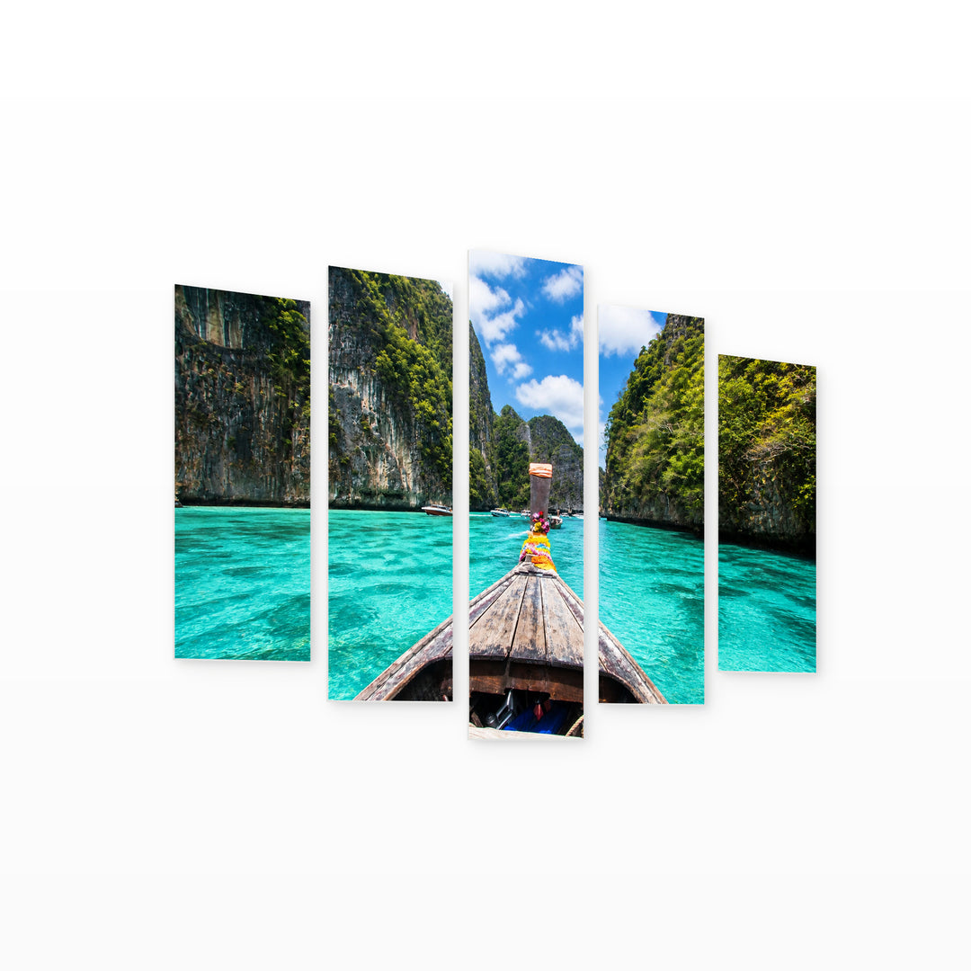 Wooden Boat on Phi Phi Island Coastal Panorama — five-panel wall art on white background in perspective | 5wallart 55650 M1