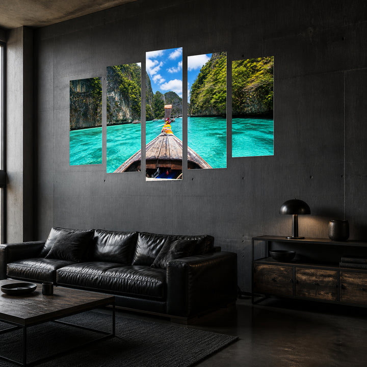 Wooden Boat on Phi Phi Island Coastal Panorama — five-panel wall art in perspective interior | 5wallart 55650 M2