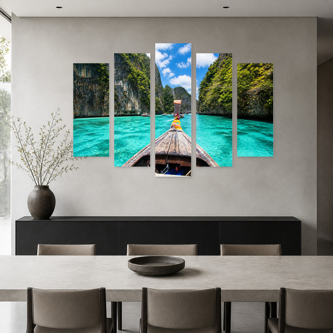Wooden Boat on Phi Phi Island Coastal Panorama — five-panel wall art in frontal interior | 5wallart 55650 M3