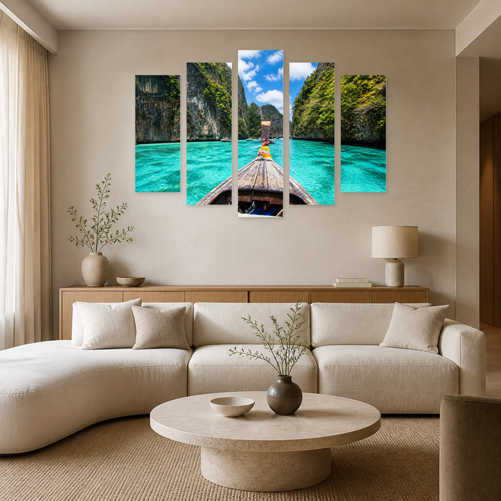 Wooden Boat on Phi Phi Island Coastal Panorama — five-panel wall art in alternate frontal interior | 5wallart 55650 M4
