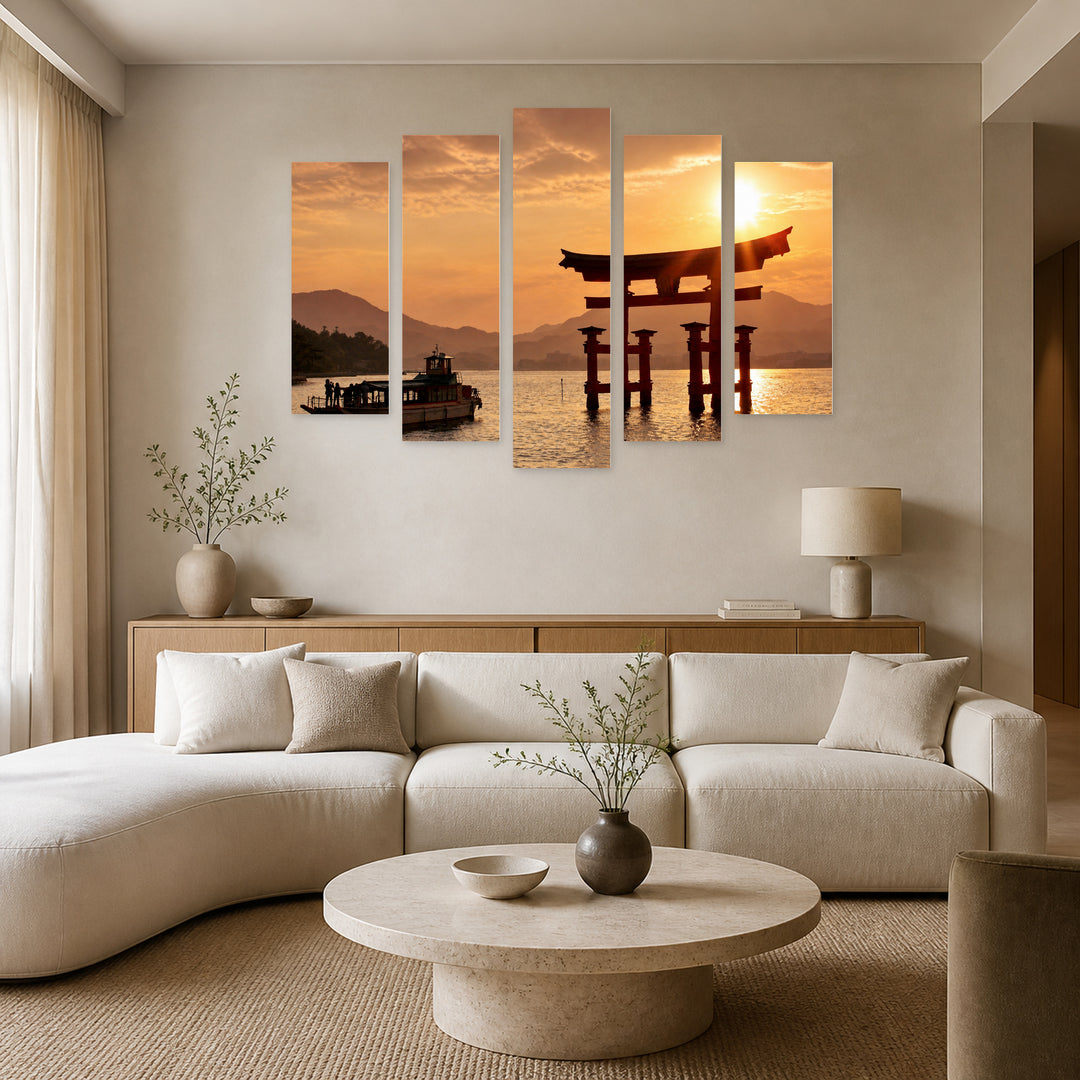 Torii Gate, Japan in Serene Light — five-panel wall art in alternate frontal interior | 5wallart 55652 M4