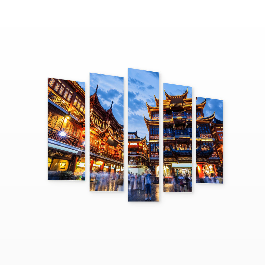 Garden in Shanghai in Blue and Gold — five-panel wall art on white background in perspective | 5wallart 55653 M1